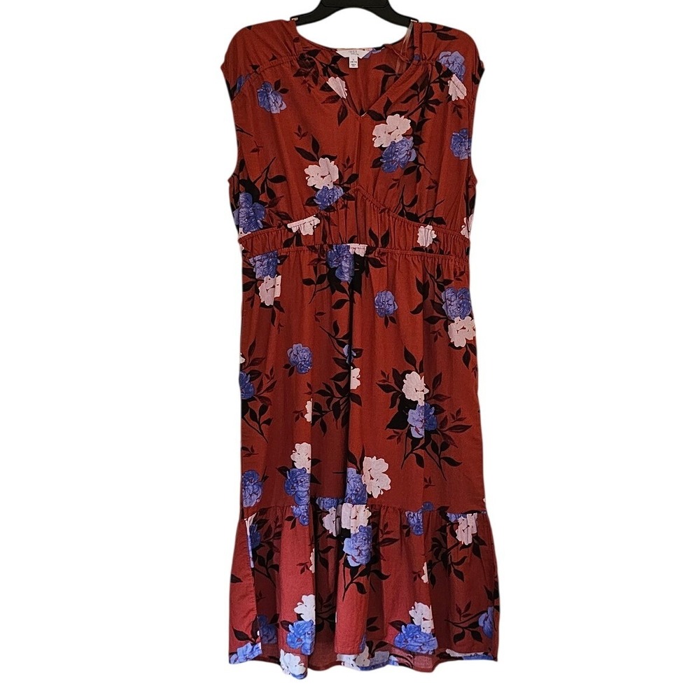Time and Tru Womens Floral Midi Dress Terracotta‎ Blue V-Neck Large 12-14